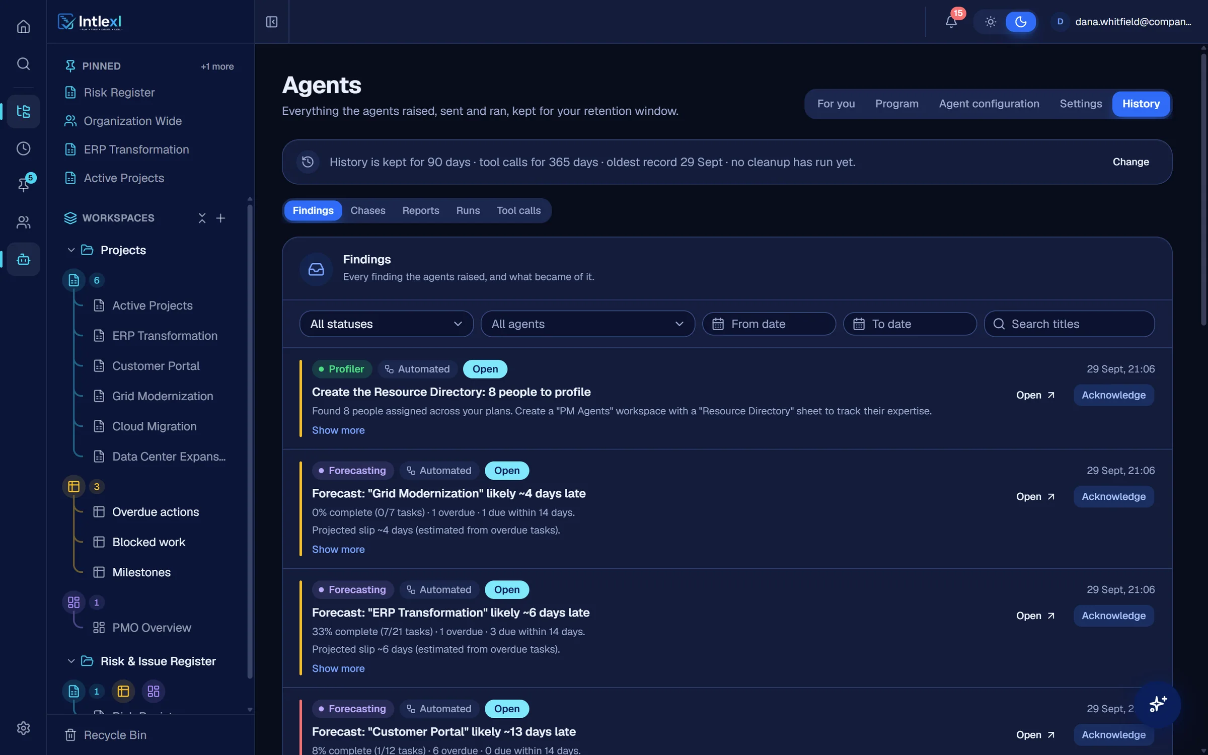 The Agents history view listing findings by agent, status and date.