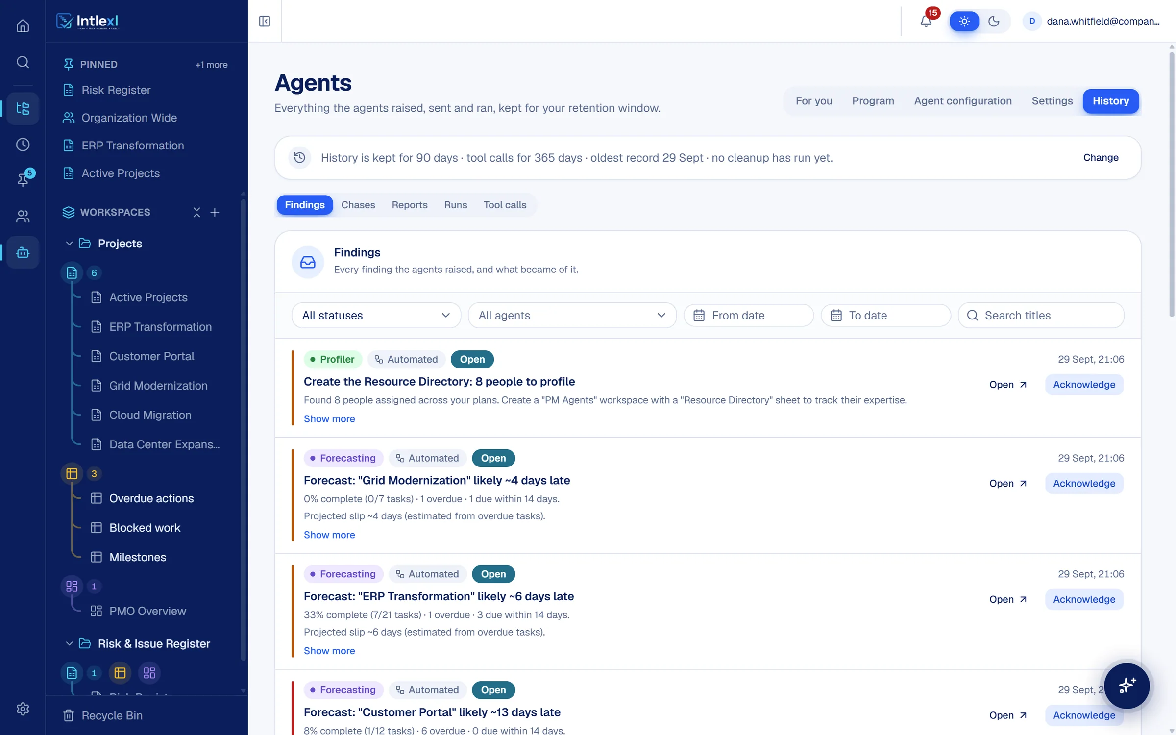 The Agents history view listing findings by agent, status and date.