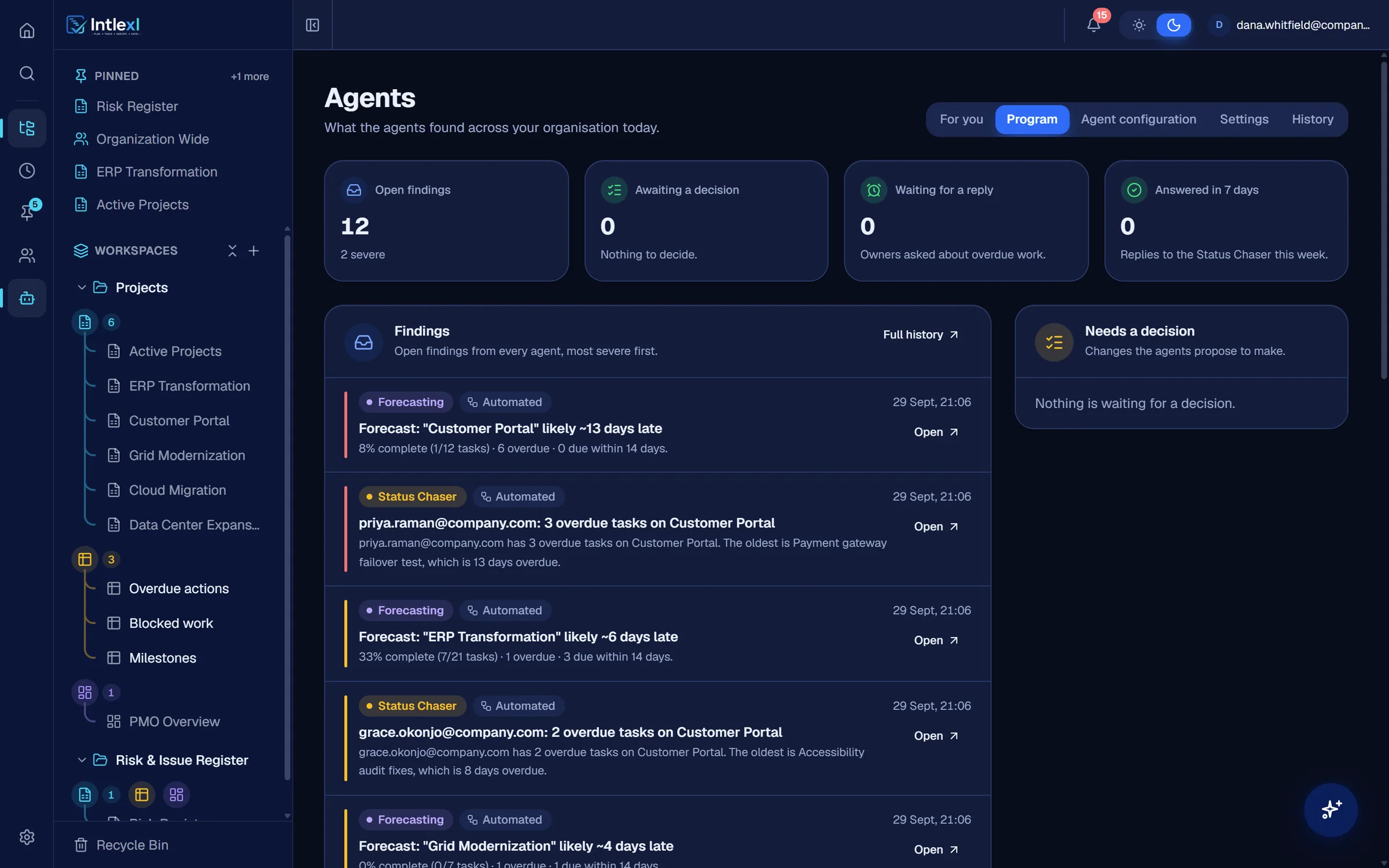The Agents page in Intlexl listing findings from the Forecasting and Status Chaser agents.