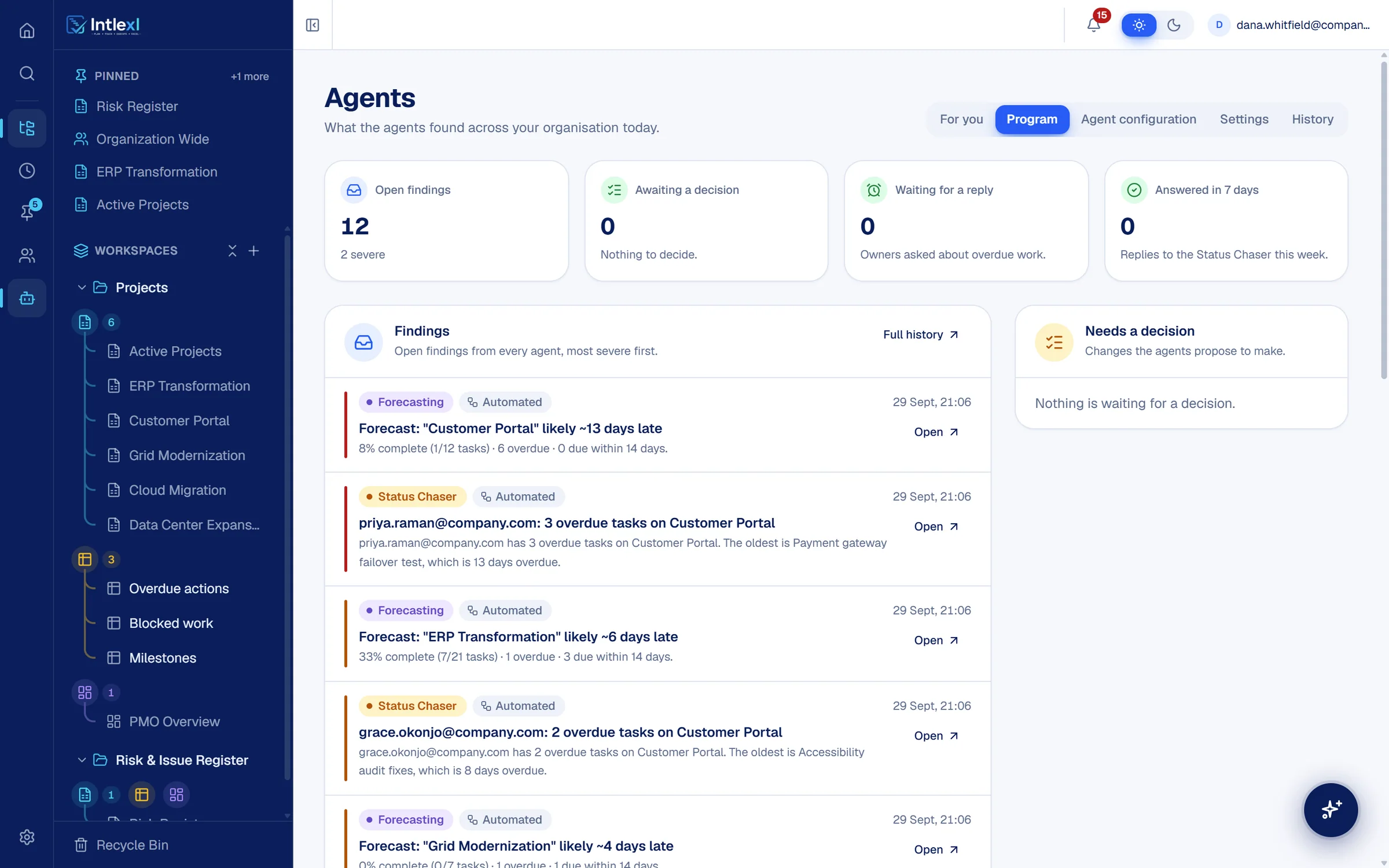 The Agents page in Intlexl listing findings from the Forecasting and Status Chaser agents.